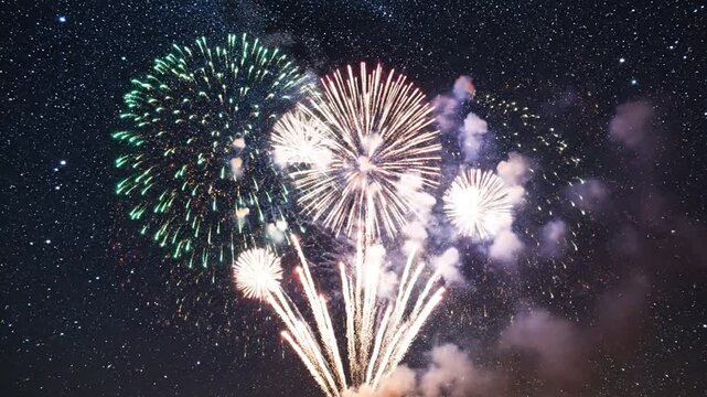 Fireworks explode in vibrant colors on a starry night sky during a festive celebration event.