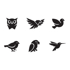 Fototapeta premium Six stylized black bird icons featuring owl hummingbird and parrot designs