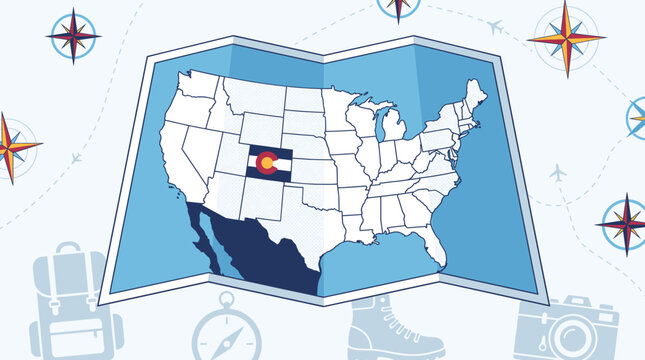 United States Map with Colorado Highlighted and Travel Icons for Adventure Planning.