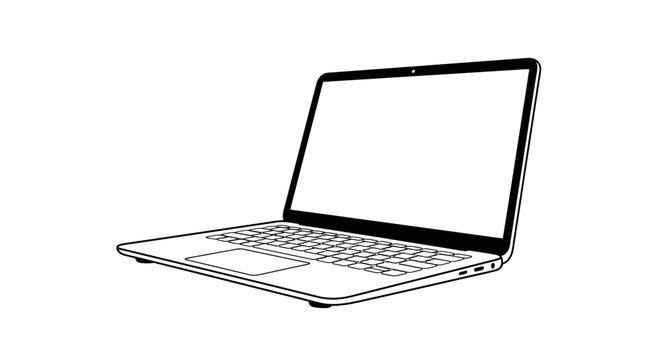 Open laptop computer line art illustration.