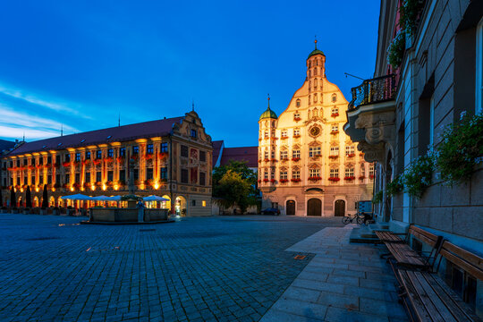 View of the market square and town hall of Memmingen in Germany.