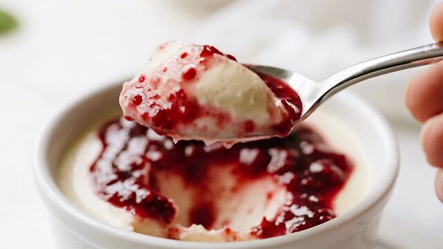 Vanilla pudding with berry sauce on spoon over white ceramic bowl creamy red dessert close up sweet food tasting breakfast scene soft bright table