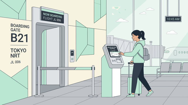 Woman at airport boarding gate B21, Tokyo NRT, checking in at kiosk.