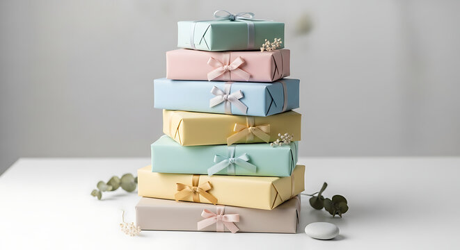 Stack of wrapped gifts with ribbons and floral accents a pastel toned still life gift