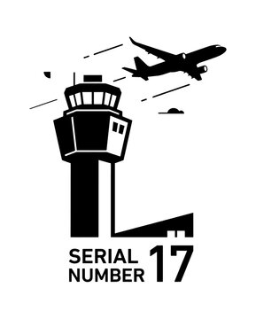 Black and white airport control tower icon with a flying airplane and serial number 17 text for aviation design isolated on transparent background, Vector