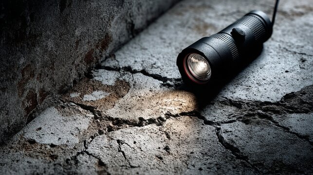 Black flashlight illuminating cracked concrete surface in dim lighting