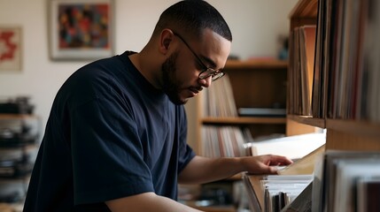 Obraz premium A close up view of a collector selecting music from a curated vinyl record shelf conveying quiet concent n and nostalgic reflection
