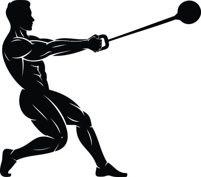 Black and white silhouette of a muscular male athlete swinging a hammer throw sport
