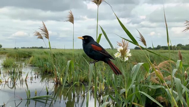 A stunning ultra high definition 4K wildlife video depicting a beautiful red winged blackbird balancing on a swaying green cattail in a misty wetland marsh on a very windy and cool afternoon