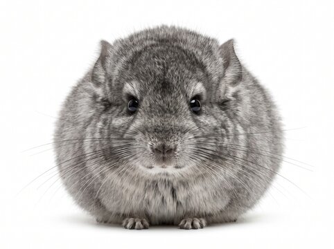 Fluffy Grey Chinchilla Close Up Portrait Cute Rodent on Seamless White Background