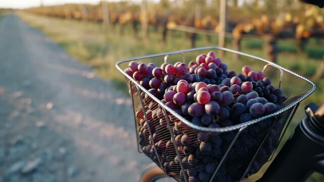 Bicycle front basket carrying ripe red and purple grape clusters along rural vineyard road, with warm golden hour light, soft background blur, and rustic harvest travel mood