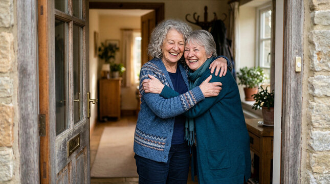 Two elderly women embracing warmly at a doorway with joyful expressions