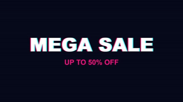 Mega Sale promotional banner featuring a bold glitch style typography with fifty percent off discount text