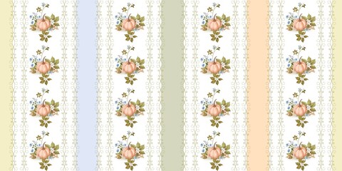 Fototapeta premium Elegant seamless autumn pattern featuring pastel pumpkins, delicate wildflowers and ornamental striped backgrounds in soft vintage colors. Perfect for fabric, wallpaper, wrapping paper, stationery 