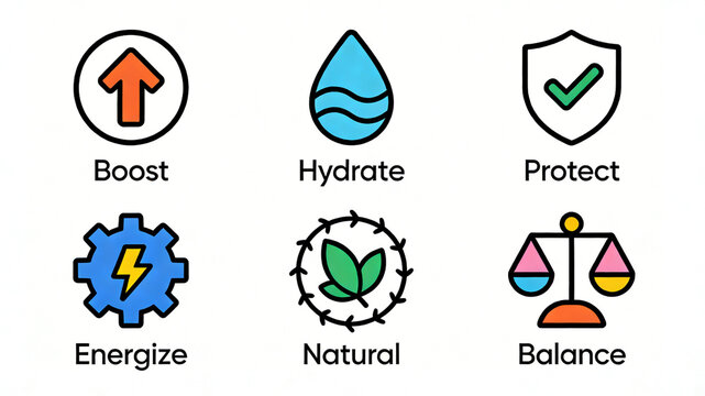 Complete display of skin care attribute icons, lifting, moisturizing, protecting and revitalizing, using natural ingredients to regulate skin condition and maintain water oil balance
