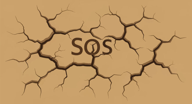 Vector illustration of cracked dry earth with SOS text in center. Represents drought, parched soil, climate change, and environmental distress signal.