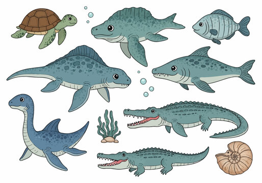 Collection of cute cartoon prehistoric marine reptiles and aquatic dinosaurs including plesiosaurus, mosasaurus, ichthyosaur, sea turtle, crocodile, and ammonite fossil set.