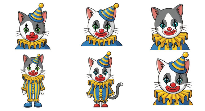 Set of six cartoon cat clown illustrations featuring feline characters with colorful makeup, striped party hats, yellow ruffled collars, and blue outfits, isolated on a white background.