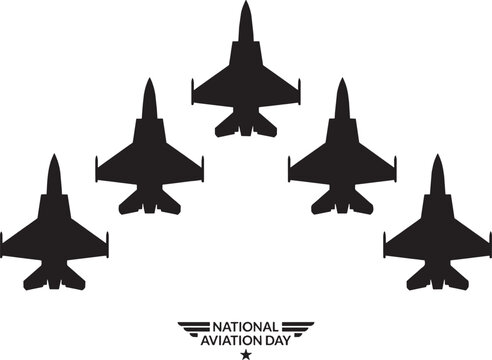 Five black fighter jets flying in formation for national aviation day celebration isolated on transparent background, Vector