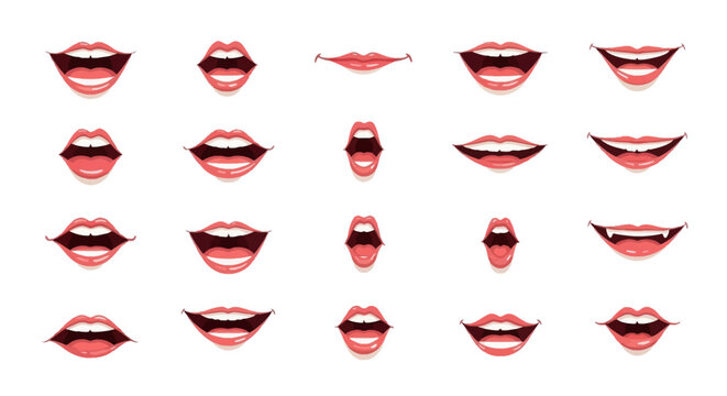 Vector set of twenty cartoon mouth expressions with pink and red lips, featuring various smiles, laughter, talking positions, and open teeth isolated on a plain white background.