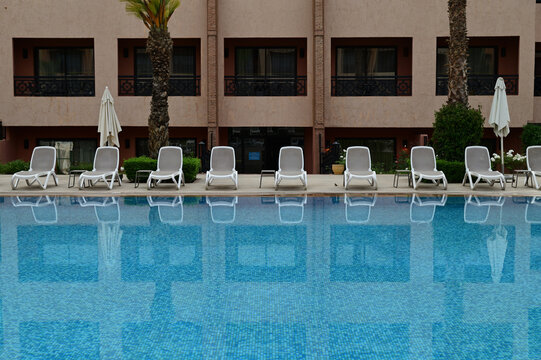 Swimming pool at the hotel with no people. Marrakech, Morocco