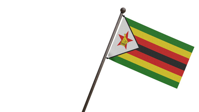 A realistic 3D render of the Zimbabwe national flag waving on a wooden flagpole, isolated against transparent background with copy space.