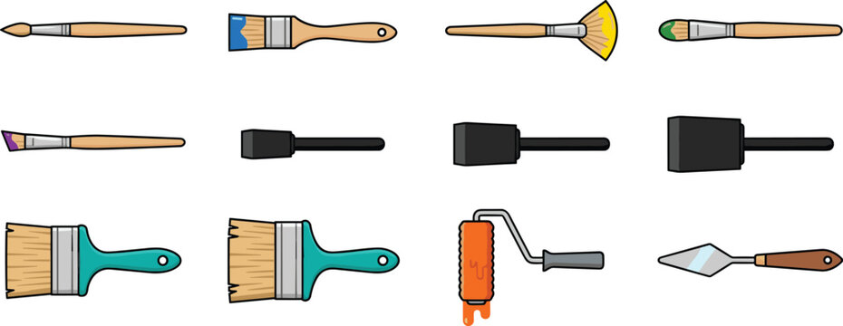 Paint Brushes and Painting Tools Collection Featuring Artist Brushes Foam Brushes Paint Roller Palette Knife and DIY Decorating Equipment Illustrations