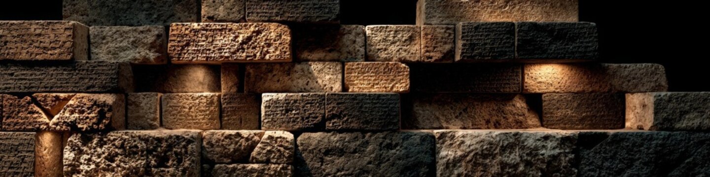 A panoramic wall of ancient cuneiform tablets arranged in layered stone strata, illuminated by warm light against a dark background, evoking preserved knowledge across time.