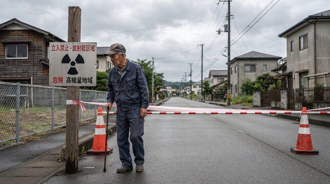 In a somber town, an elderly man walks slowly along an empty street, using a cane for support. Behind him, barriers and warning signs alert to radiation hazards.