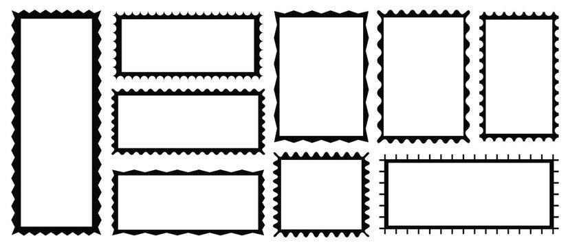A collection of rectangle frames with wavy edges. Postage stamp set. Rectangular zigzag curved box. Set of Zigzag frames shape set. photo frames, text boxes, tags, labels, sticker, postage,