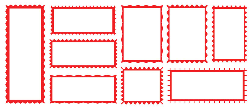 A collection of rectangle frames with wavy edges. Postage stamp set. Rectangular zigzag curved box. Set of Zigzag frames shape set. photo frames, text boxes, tags, labels, sticker, postage,