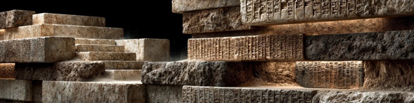 A panoramic arrangement of ancient cuneiform tablets stacked like stone layers, illuminated by warm light against a dark background, evoking a sense of preserved historical knowledge.