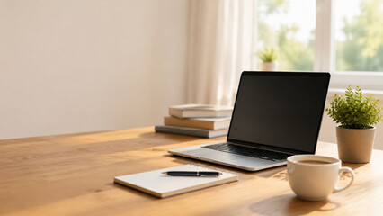 Fototapeta premium Modern home office desk with laptop and coffee