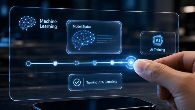 Ai machine learning progress interface on transparent smartphone display