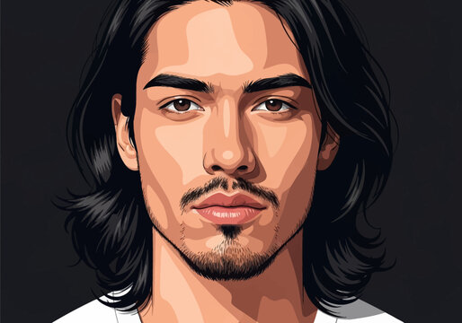 Close-up vector illustration of a young man with long wavy dark hair, brown eyes, thick eyebrows, and stubble beard facial hair, isolated on a dark gray background.