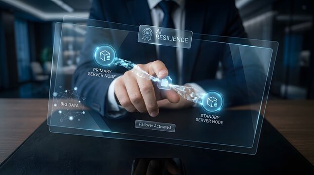 Ai resilience and data failover concept with digital interface and business professional