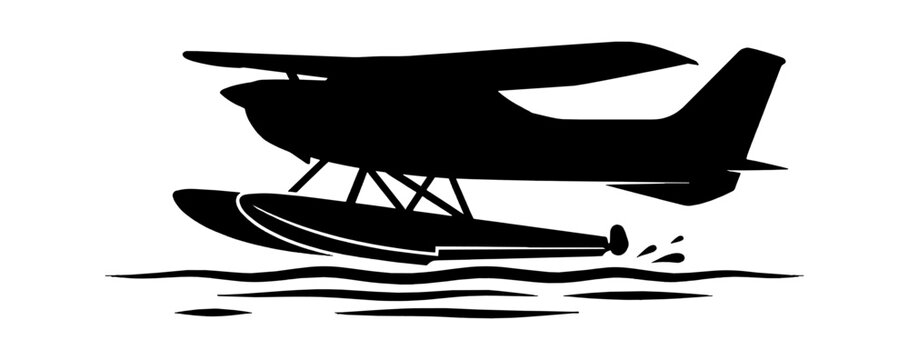 Black silhouette of a seaplane landing on the water surface isolated on transparent background, Vector