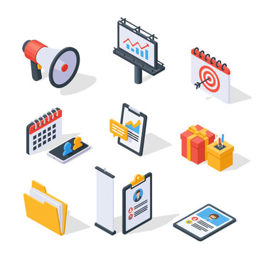 Colorful isometric business and technology icons set.