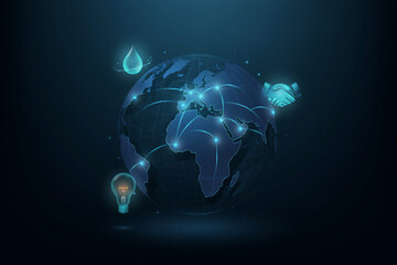 Obraz premium Glowing digital globe with network lines surrounded by sustainable energy icons representing global conservation partnership and international environmental collaboration