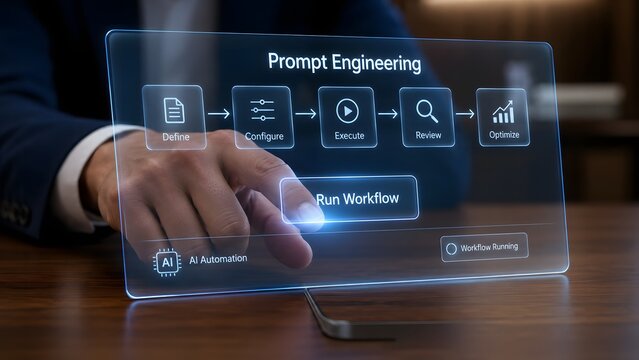 Prompt engineering workflow on transparent display with hand interaction