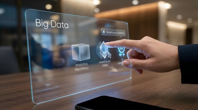 Big data analytics interface hand interacting with holographic display