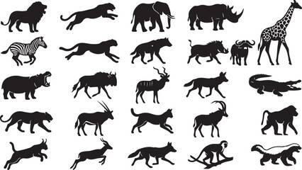 Obraz premium Set of wild african animal silhouettes including lion elephant giraffe zebra and many others