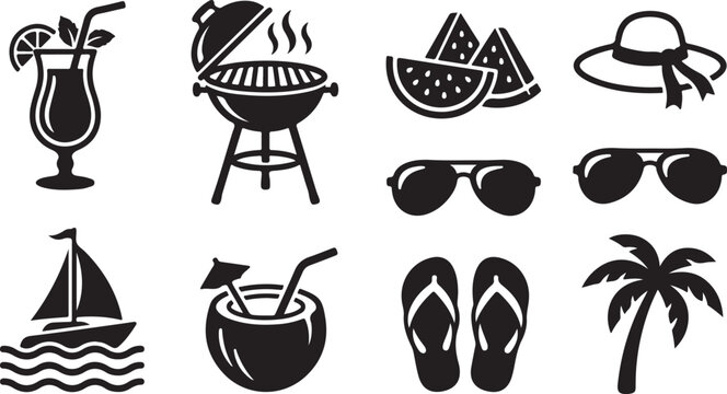 Set of black summer icons including beach items barbecue grill and tropical drinks