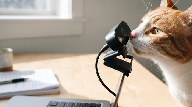 A playful orange and white cat curiously interacts with a webcam on a desk. Sunlight streams in through the window, creating a serene atmosphere as the cat investigates its new toy.