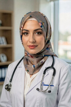 Muslim woman doctor wearing hijab and white medical coat with stethoscope in clinic. Portrait of professional physician during work. Healthcare, medicine, clinic service and hospital concept.
