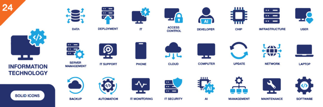 technology icons information technology solid icon set grid