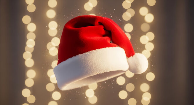 A red santa claus hat with white trim floats against a blurred bokeh background christmas