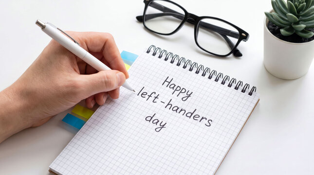 Person writing happy left handers day on notebook with glasses