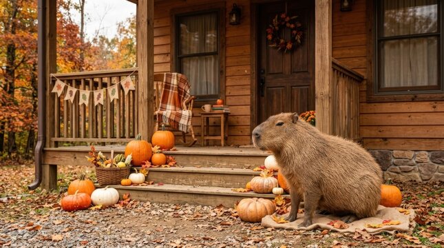 Capybara Sitting Beside Cozy Autumn Porch Decorated with Pumpkins