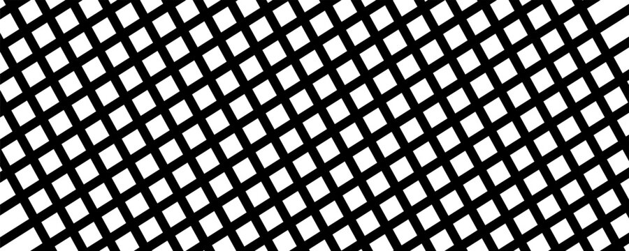Abstract geometric background with black diagonal checkered grid, mesh, and net patterns on a white backdrop. Minimalist monochrome textured overlay template for panoramic banners.